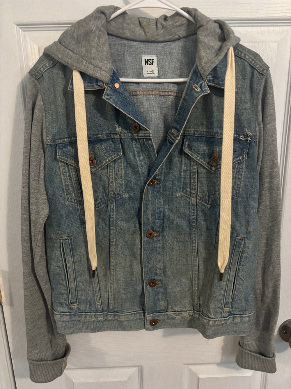 NSF Light Blue Denim Jacket with Gray Hoodie and Cream Drawstrings